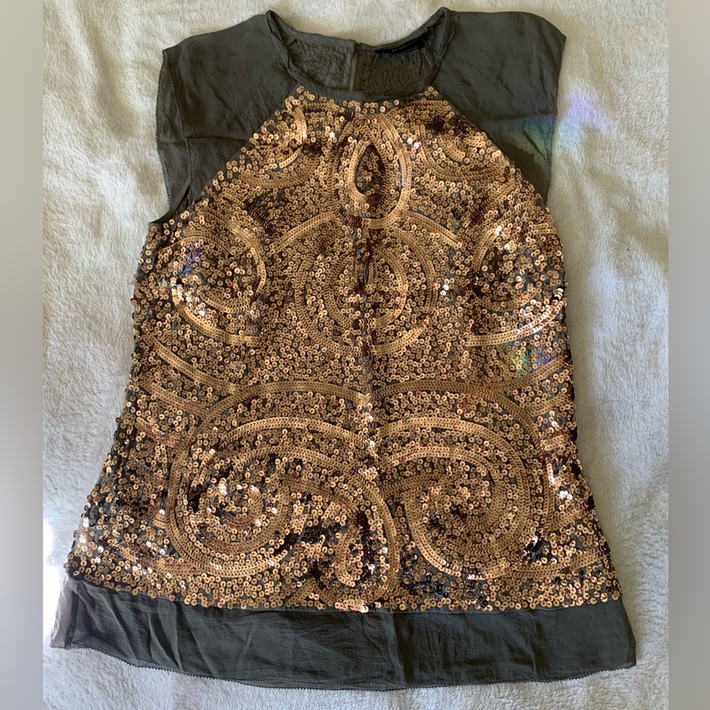 BCBGMaxAzria Gold Sequin Embellished Silk Top